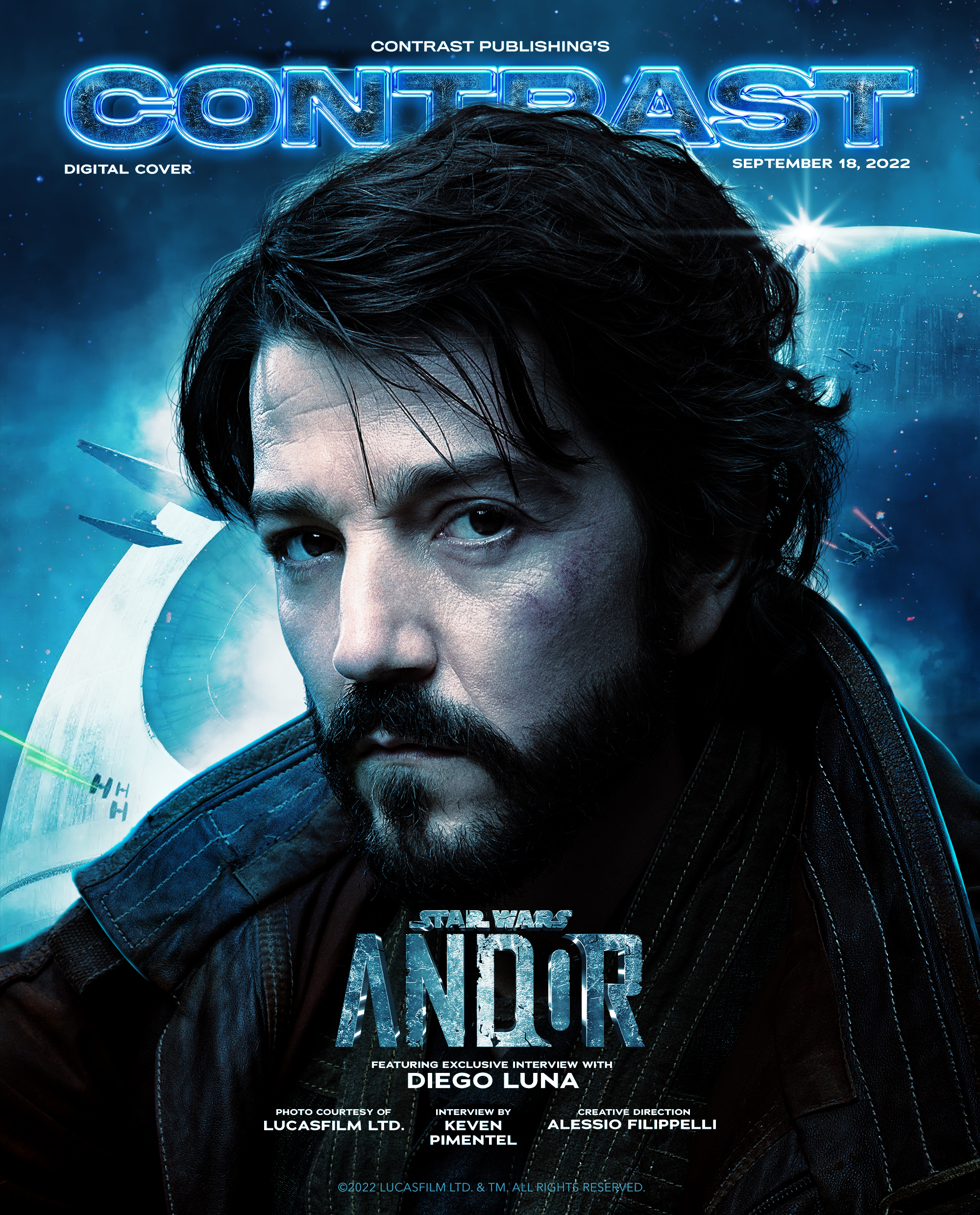 Mexican actor Diego Luna on the cover of Contrast Magazine. This cover is a promotional editorial in collaboration with Disney, Lucasfilm and "Star Wars" for the all new Disney+ series "ANDOR" following the story of Cassienne Andor. The cover image is of Diego Luna posing in front of a futuristic, sci-fi image including Star Wars ship and lasers.