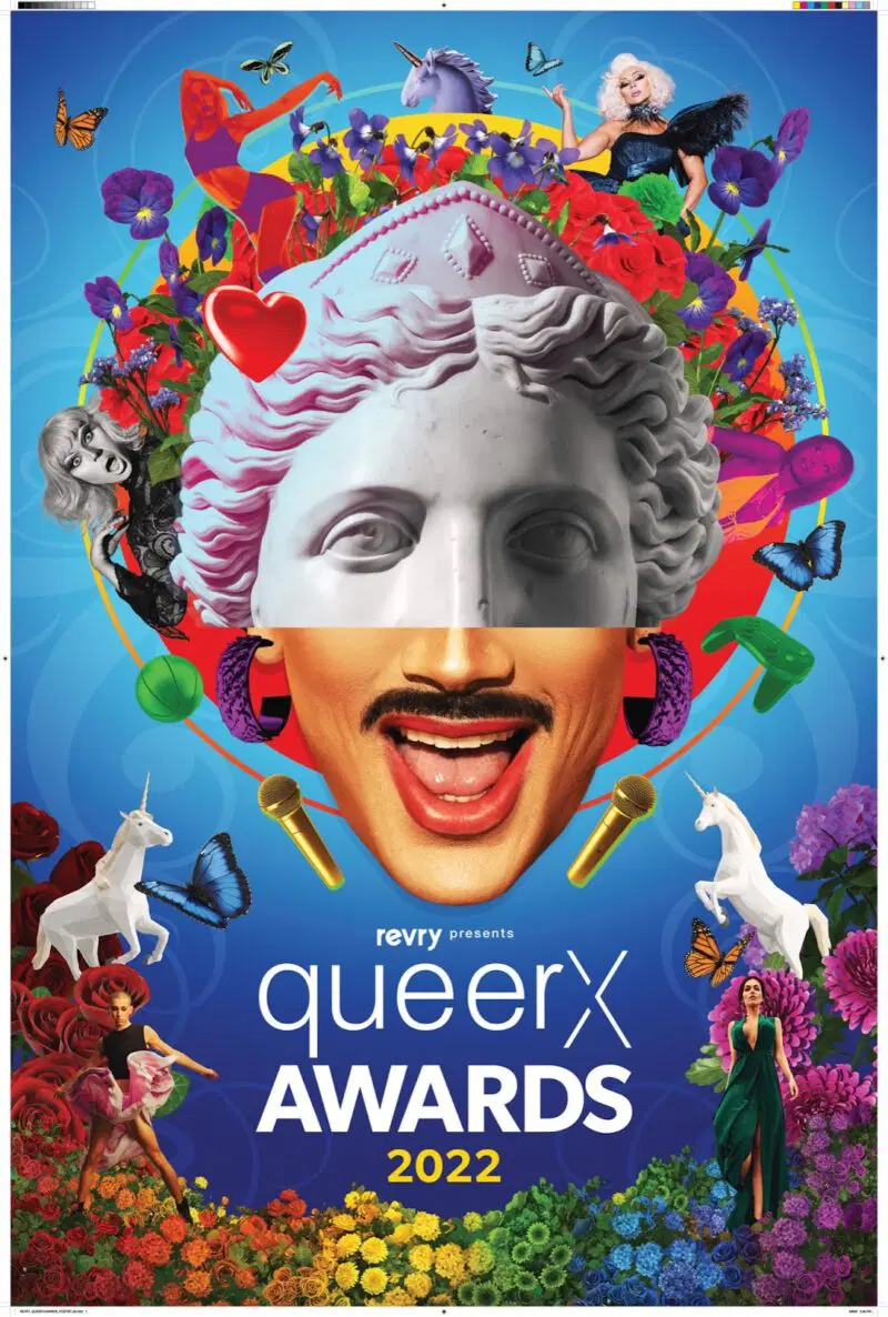 Promotional poster of LGBT network Revry's Queerx Awards featuring multiple unicorns, drag queens, flowers, rinbows, a greek bust, butterflies and voguing.