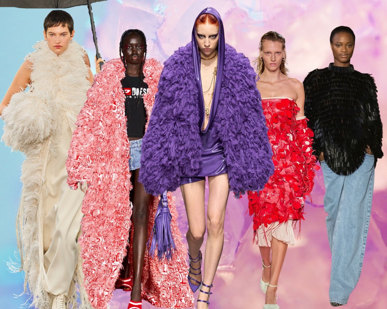 Five models walking in London Fashion Week wearing different feathered clothing in different colors such as tan, off white, pink, purple, red and black.