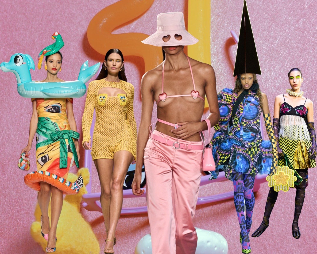 Five models walking in London Fashion Week wearing different camp, playful style clothing including a crtoon print dress paired with a blue pool floaty, a yellow mesh romper with SpongeBob printed on the breast, a pink corderoy jeans with a pink heart bra, a black dunce cap paired with an 80s style blue and yellow outfit.